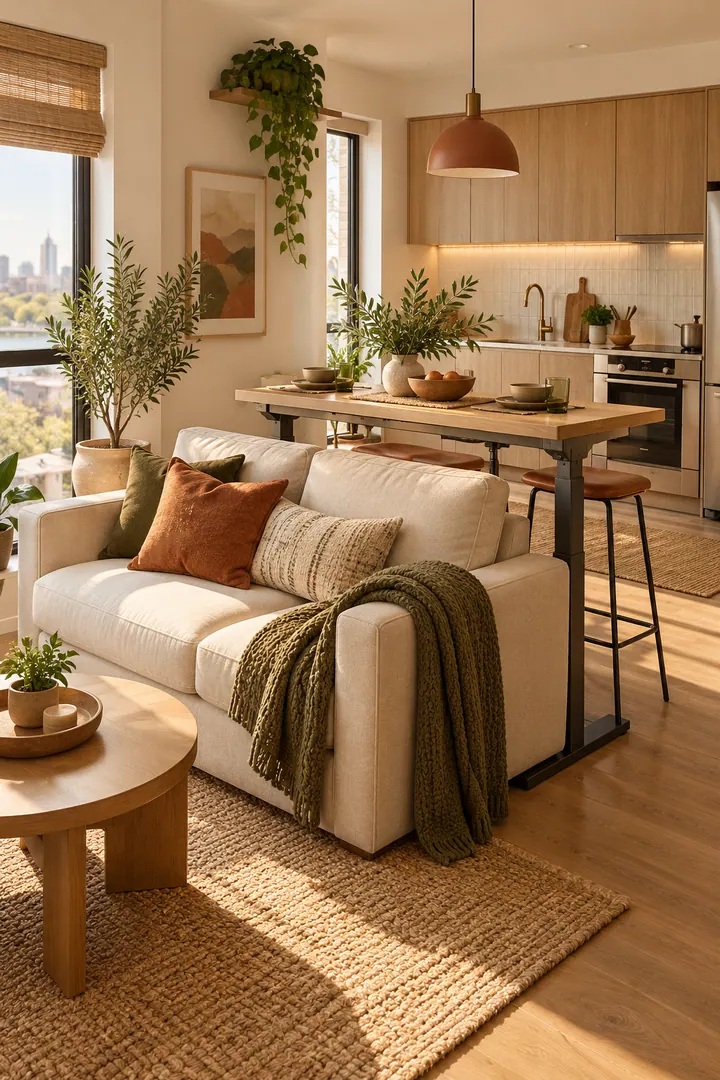 Compact studio with a narrow adjustable table raised behind a loveseat for two-person dining.