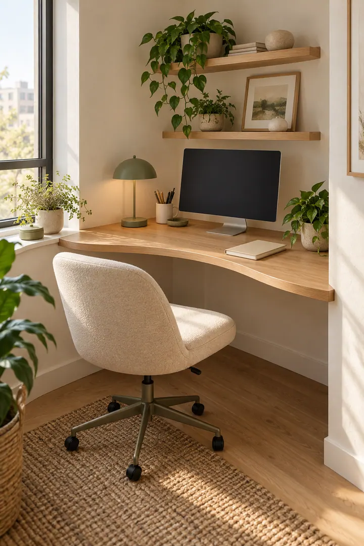 Compact office nook with a shallow curved-front wooden desk fitted into a corner beside a clear walking path.