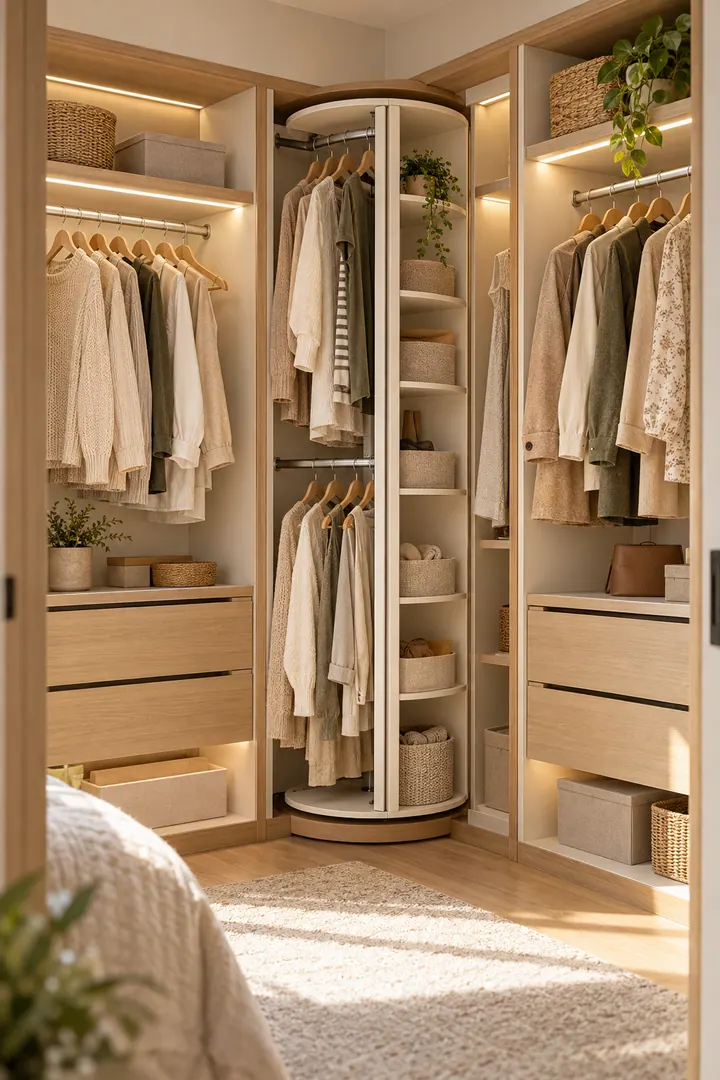 Open corner wardrobe with a slim rotating carousel bringing hanging clothes and accessory baskets toward the doorway.