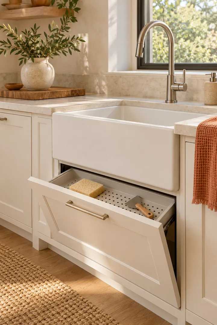 Compact kitchen sink with the false drawer front tilted open to reveal a removable tray for a sponge and scraper.