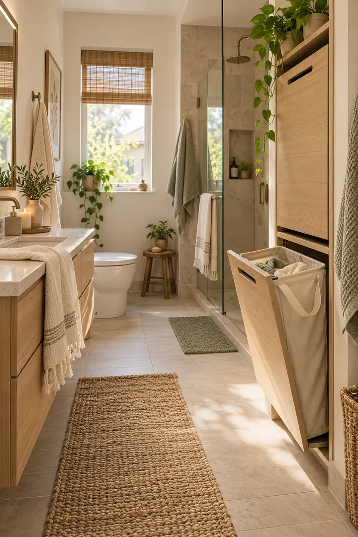 Slim bathroom laundry cabinet with two stacked tilt compartments and a removable fabric bag in the open lower section.