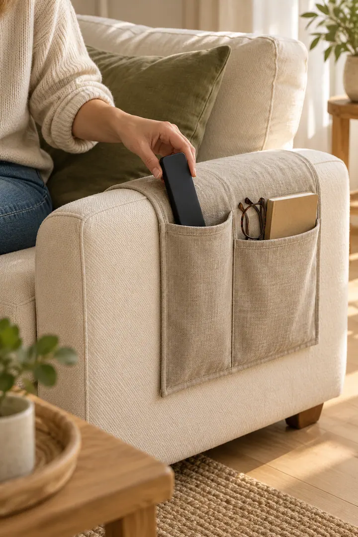 Close-up of a hand placing a remote into a fitted linen pocket organizer on the arm of a compact cream sofa.