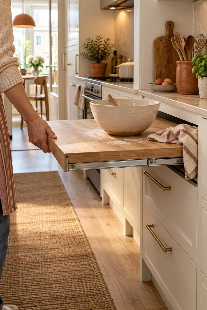 Close-up of a hand extending a reinforced wooden worktop from a compact kitchen cabinet beneath a mixing bowl.