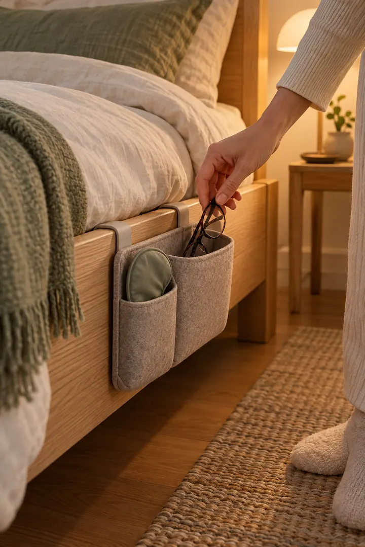 Close-up of a hand placing reading glasses into a padded felt organizer clipped to a wooden bed frame.