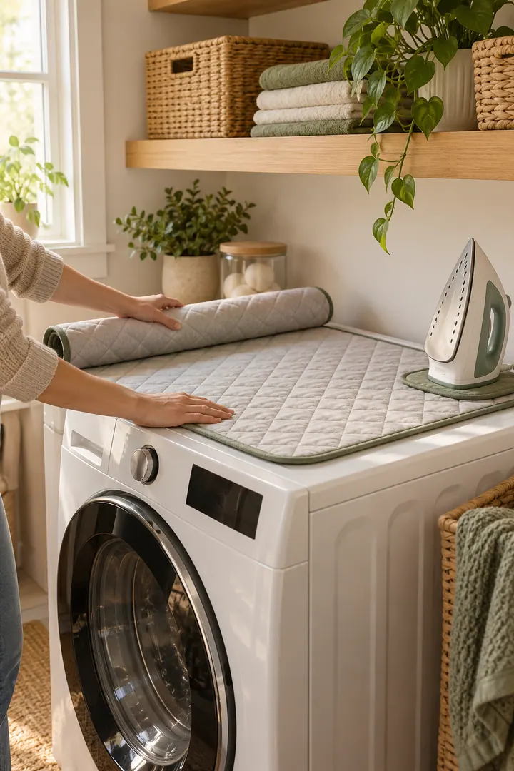 Close-up of hands unrolling a quilted magnetic ironing mat across the top of a front-loading washer in a compact laundry nook.