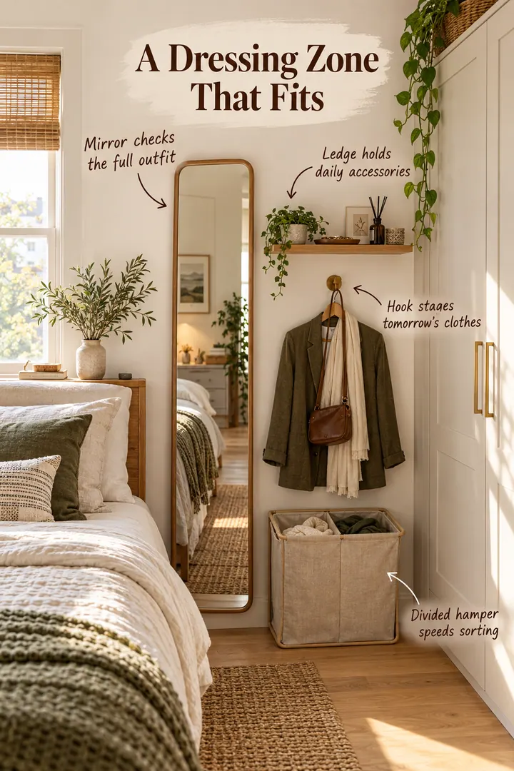 Compact warm bedroom with a narrow mirror, accessory ledge, clothing hook, and divided hamper beside the wardrobe.