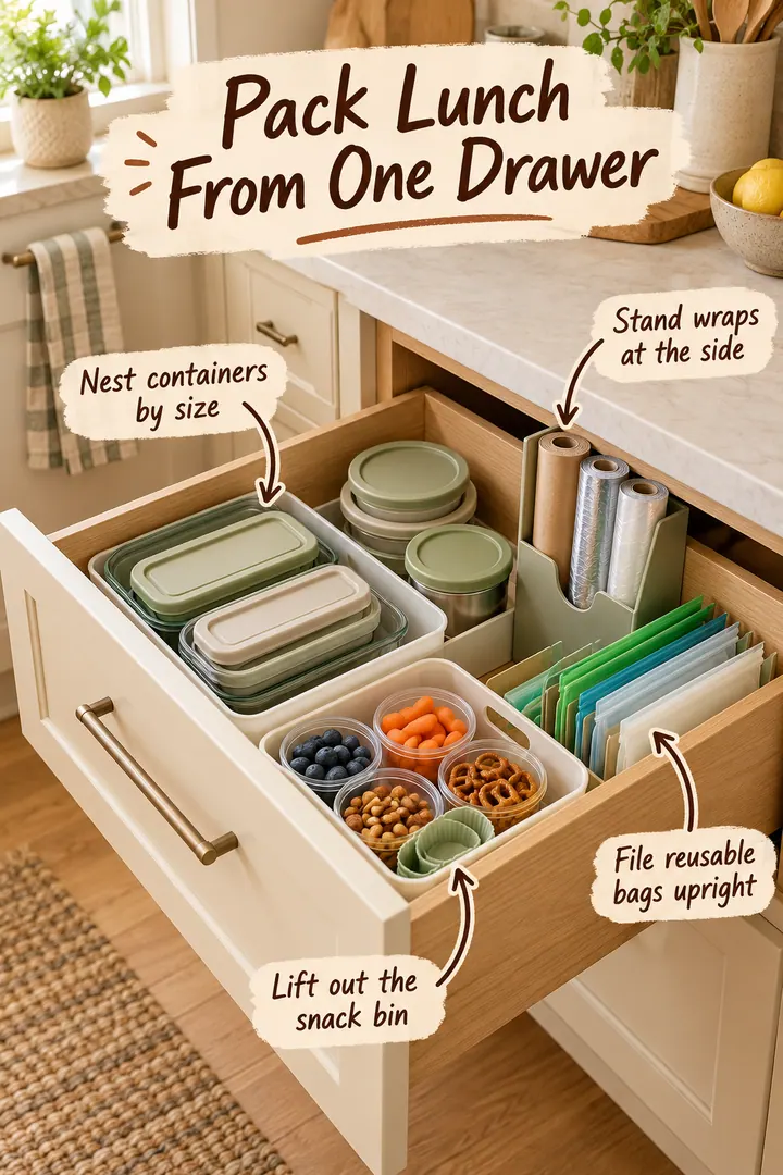 Open kitchen drawer organized with nested lunch boxes, wraps, reusable bags, and a removable snack container bin.