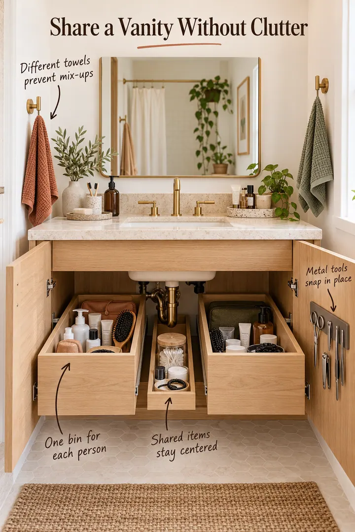 Small shared bathroom vanity with two personal bins, a shared center tray, magnetic grooming-tool storage, and separate towels.