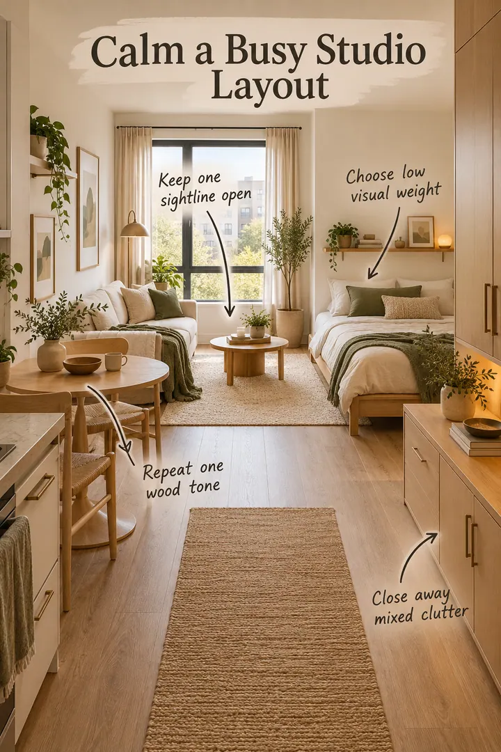 Warm compact studio with a clear sightline, low furniture, repeated light oak finishes, and concealed storage.