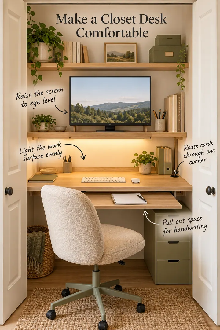 Shallow closet office with a raised monitor, under-shelf task light, corner cable opening, and pullout writing board.