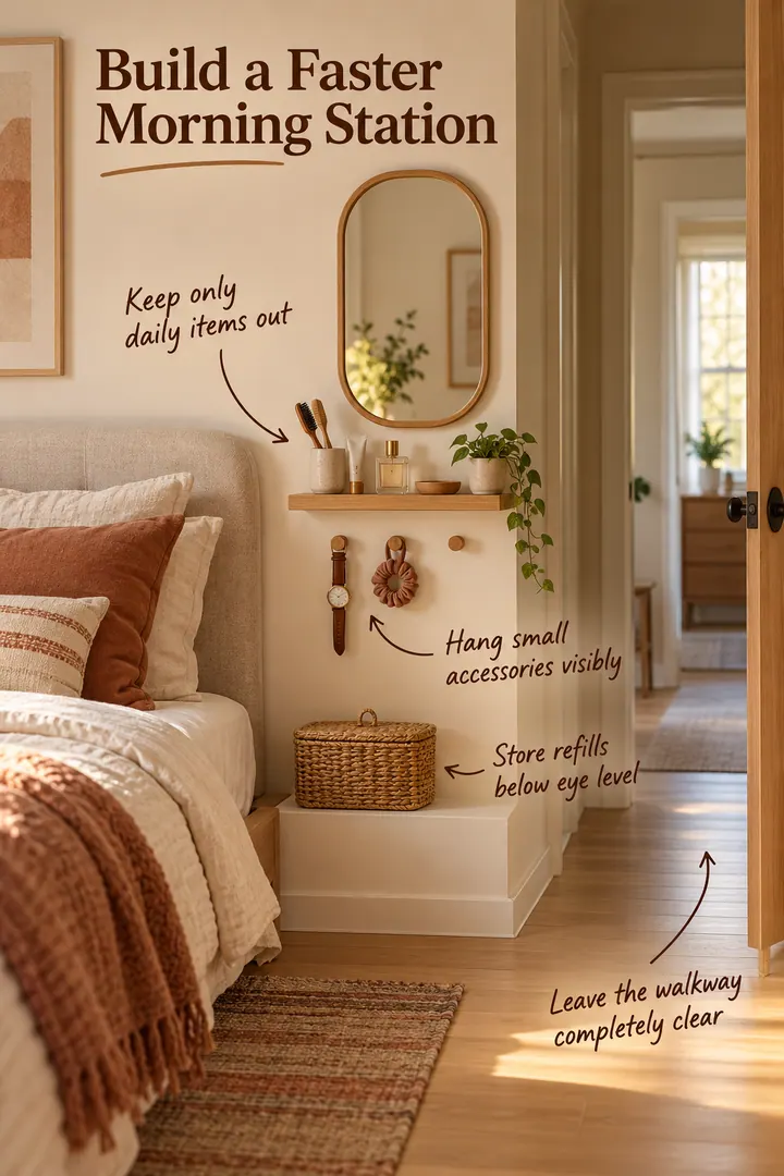 Narrow bedroom morning station with a mirror, shallow daily-use shelf, accessory pegs, and lidded refill basket.