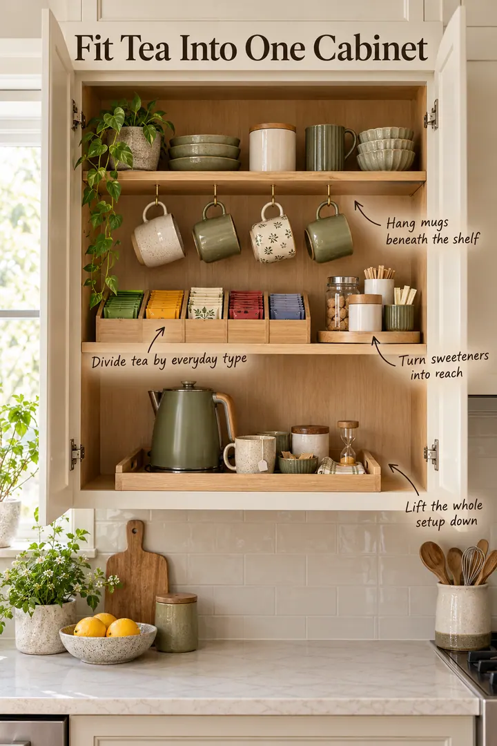 Open kitchen cabinet tea station with hanging mugs, divided tea boxes, a sweetener turntable, and removable serving tray.