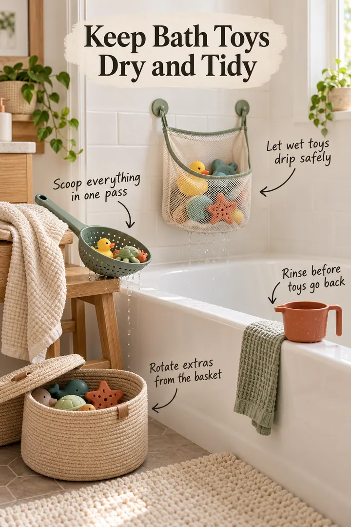Small family bathroom with a perforated toy scoop, draining mesh basket, rinse cup, and lidded backup-toy basket.