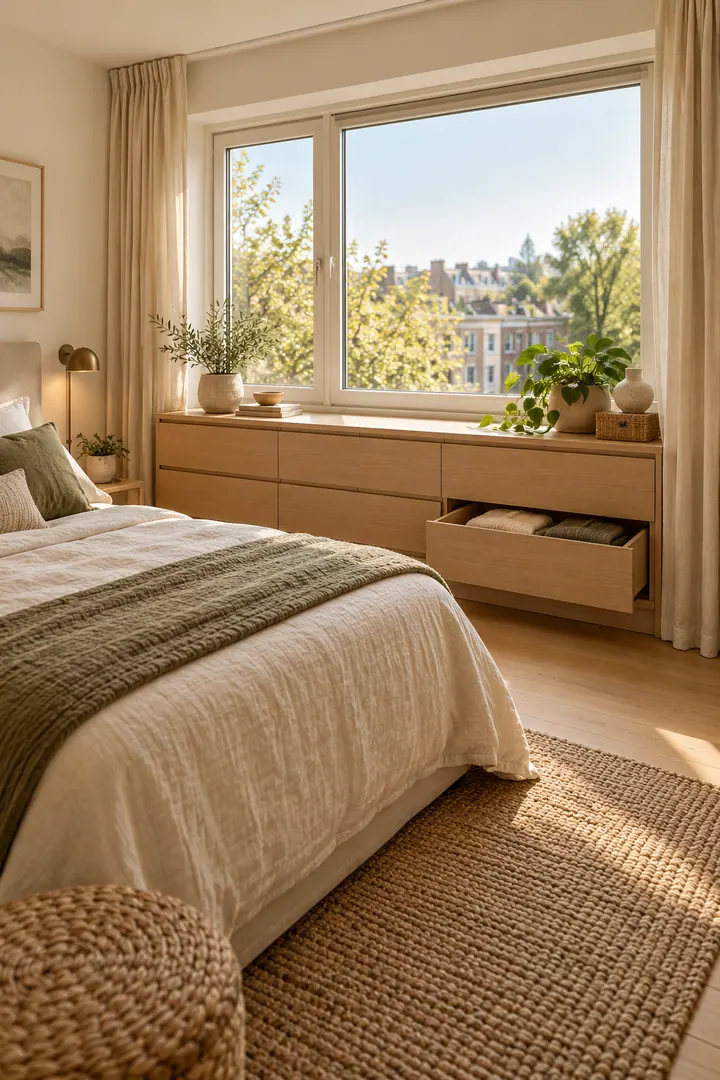 Warm compact bedroom with low light-oak drawers fitted beneath the window without blocking curtains or daylight.