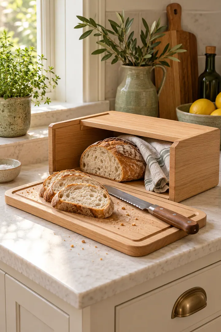 Compact oak bread box on a small kitchen counter with its removable lid being used as a cutting board.
