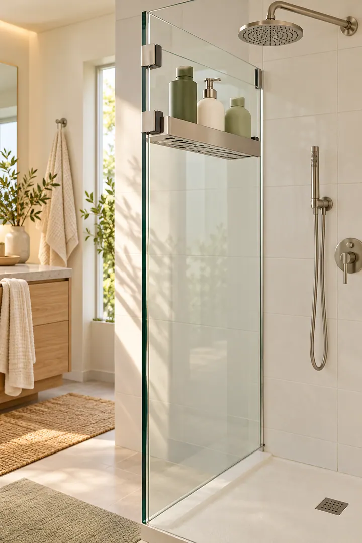 Compact shower with a narrow draining shelf securely clamped to the fixed glass screen and holding daily products.