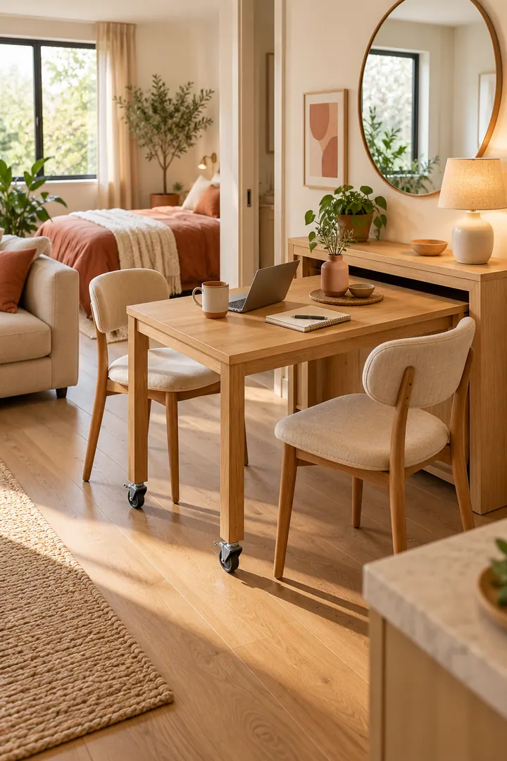 Warm studio apartment with a narrow caster table rolling out from beneath a matching shallow wall console.