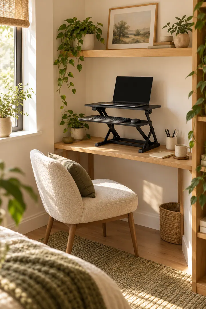 Small corner office with a compact folding standing platform raised above a shallow light-oak desk.