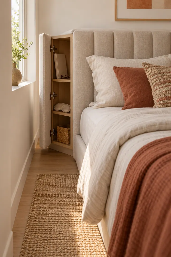 Narrow bedroom with an upholstered headboard containing a slim storage cabinet that opens from the side.