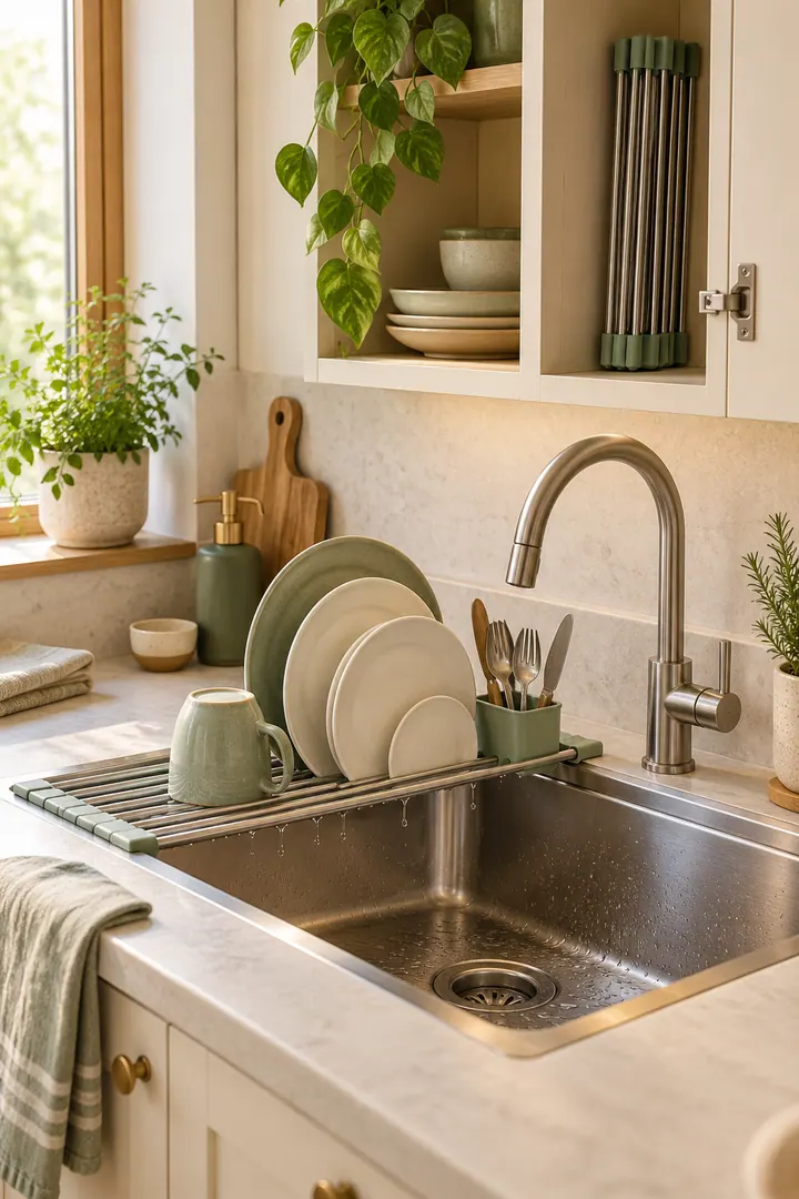 Compact kitchen sink with a collapsible rack drying a few dishes while leaving half the basin accessible.