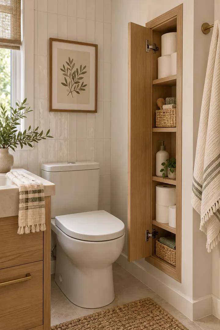 Tiny bathroom with a tall shallow cabinet recessed into the narrow wall beside the toilet.