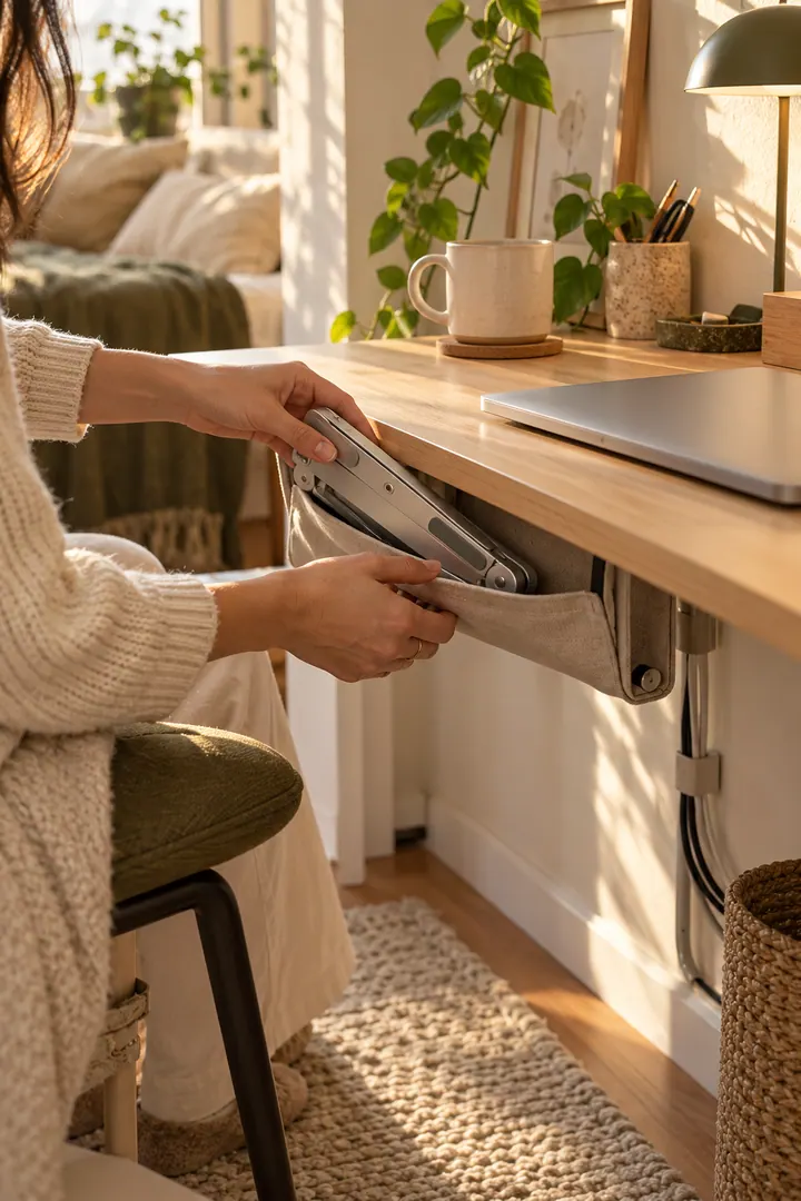 Hands folding a slim laptop stand and placing it in a fitted fabric sleeve beneath a small wooden desk.