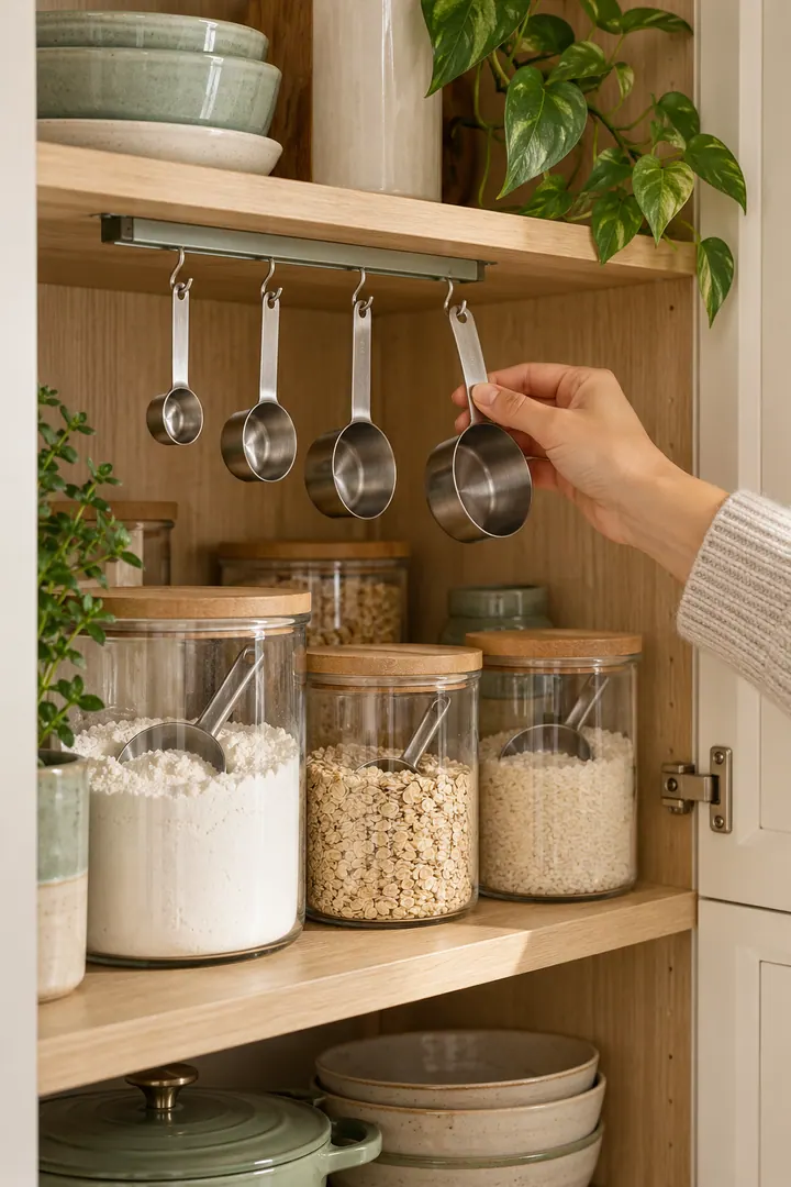 Hand taking a metal measuring scoop from a narrow rail beneath a pantry shelf above dry-goods containers.