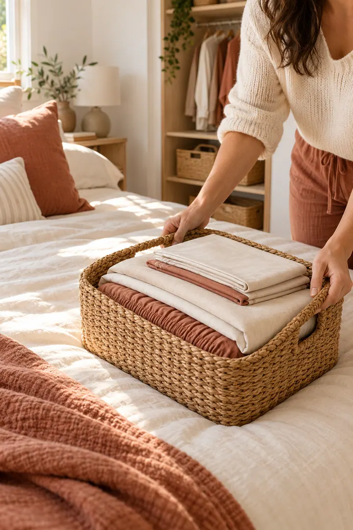 Person placing a woven handled basket containing one complete folded bedding set onto a compact bedroom bed.