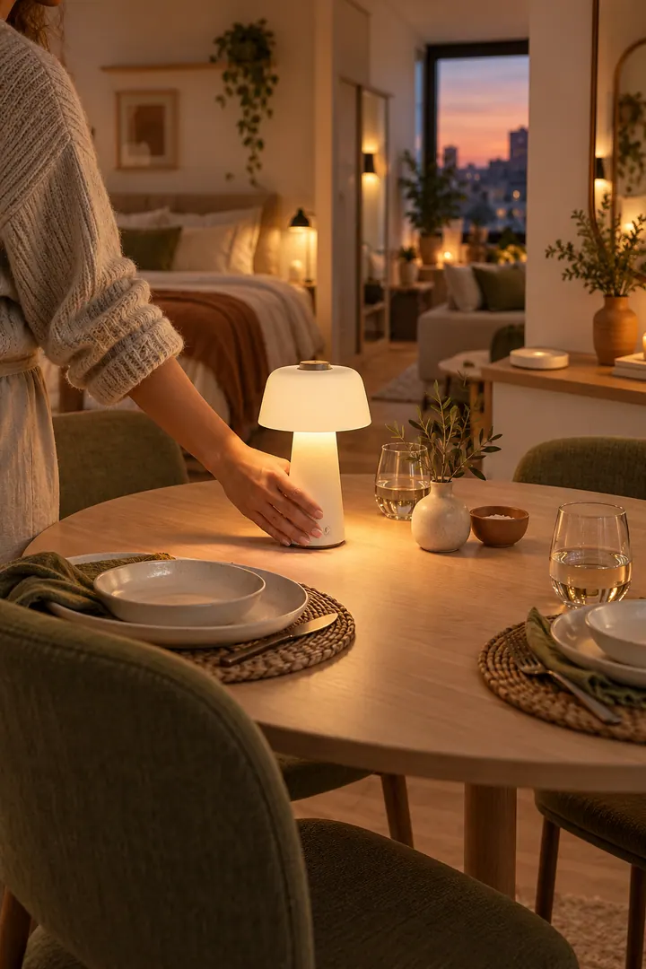 Hand placing a glowing cordless lamp on a small studio dining table with its charging base on a nearby console.