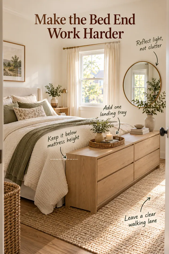 Compact warm bedroom with a low oak dresser at the foot of the bed and annotations explaining clearance, height, and surface organization.