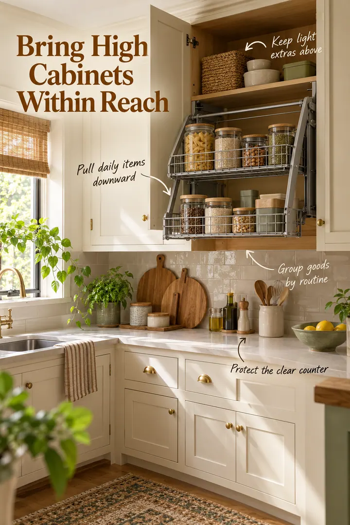 Small cream kitchen with an open upper cabinet and a pull-down pantry basket annotated with accessible storage tips.