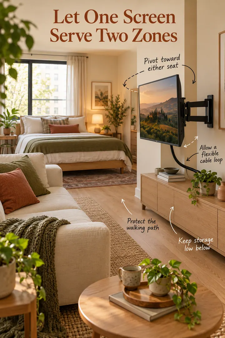 Warm studio apartment with one television on a pivoting mount between the sofa and bed, annotated with layout and cable tips.