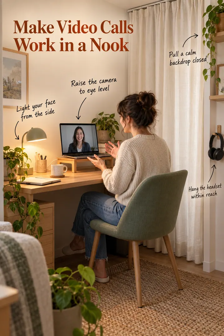 Compact home-office nook with a laptop riser, side light, curtain backdrop, and headset hook annotated for video calls.