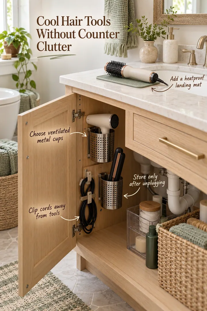 Open compact vanity with ventilated holders, a heatproof mat, and cord clips for unplugged hair tools, explained by annotations.