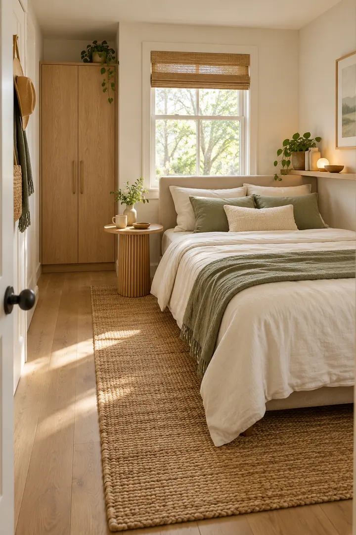 Warm compact bedroom with the bed offset toward one wall to create a wide, unobstructed walking lane.