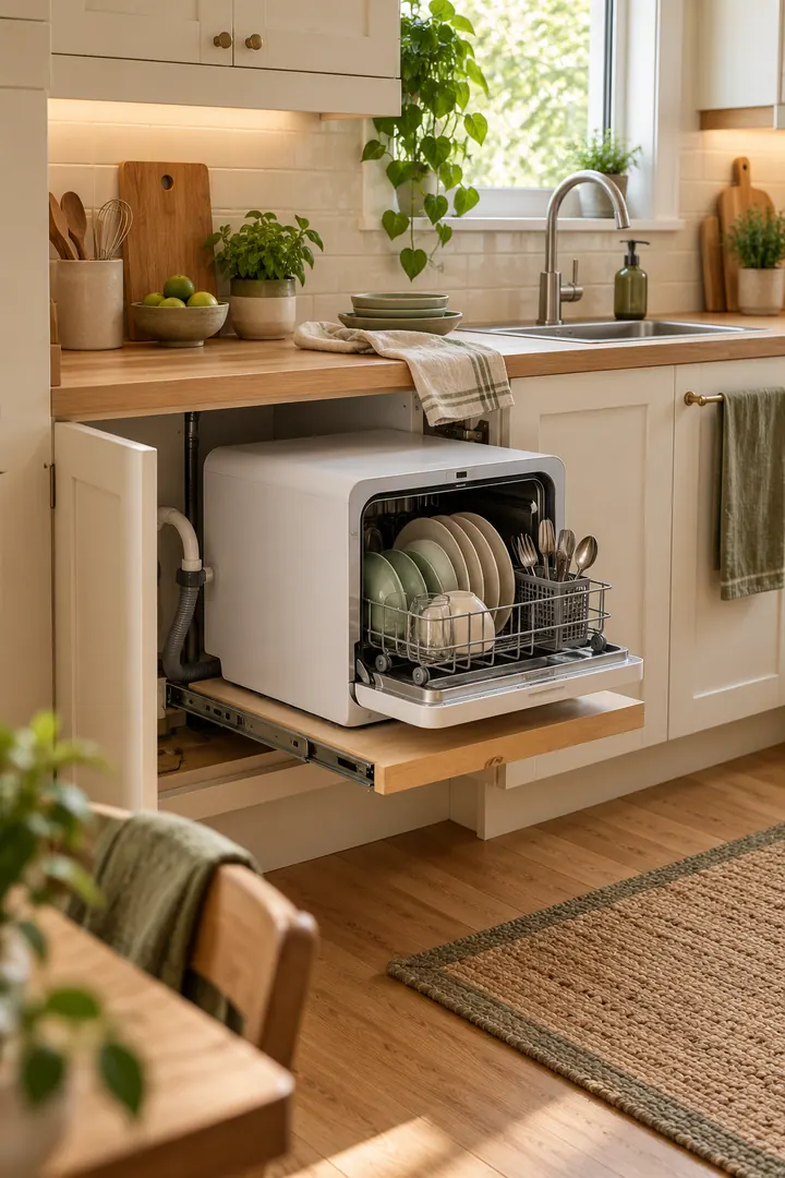 Compact unbranded dishwasher on a reinforced pull-out shelf beneath the counter in a warm small kitchen.