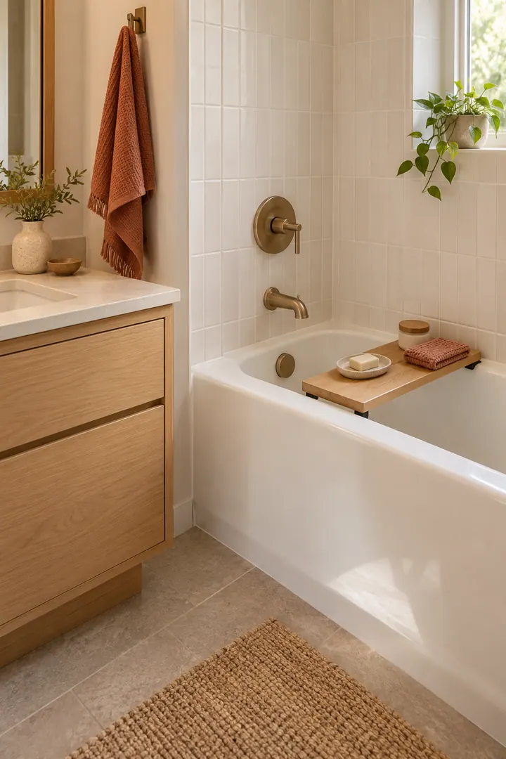 Small warm bathroom with a removable oak perch spanning one corner of the bathtub and holding daily-care items.