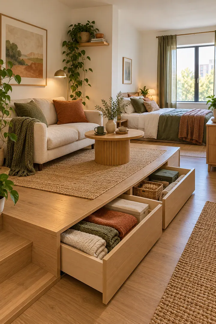 Warm studio apartment with a lounge on a low oak platform and wide storage drawers open beneath the edge.
