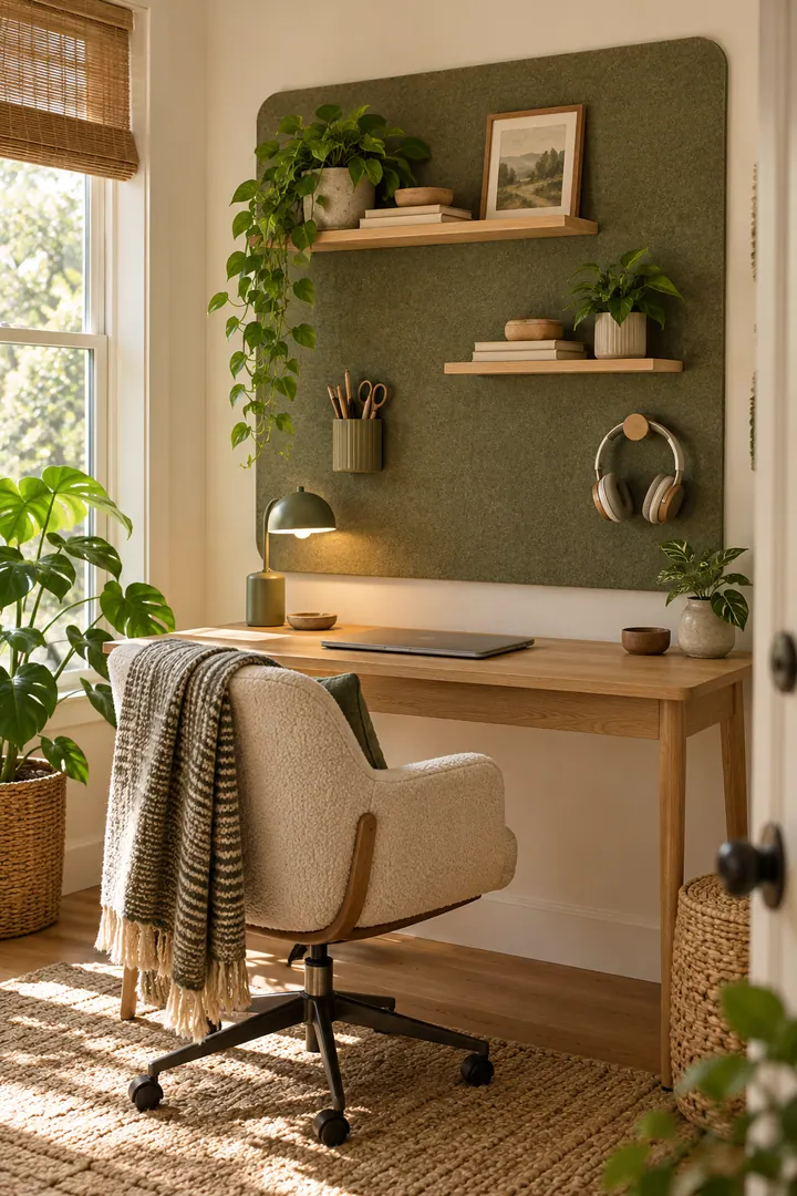 Tiny warm home office with a muted olive acoustic felt panel holding shallow desk accessories above a clear oak surface.