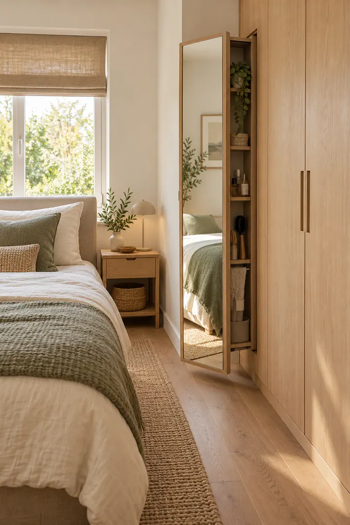 Compact bedroom with a narrow full-length mirror pivoted out from the side of a pale oak wardrobe.