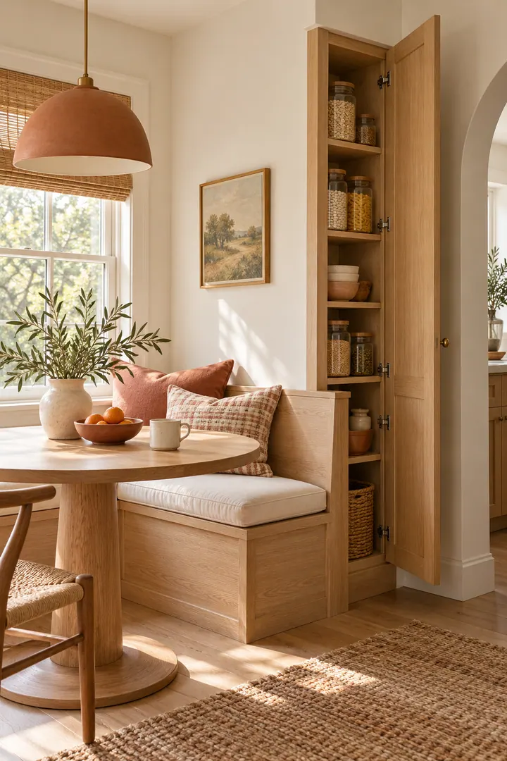 Small dining nook with a built-in bench and an open shallow pantry cabinet integrated behind the backrest.