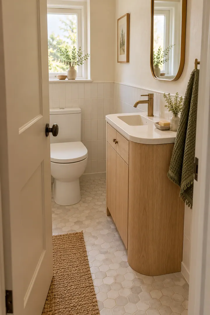 Very small bathroom with a rounded pale oak vanity that clears the inward-opening door and widens the entry.