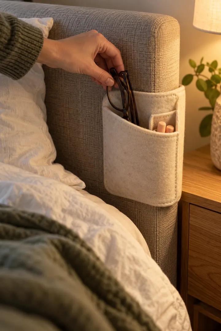 Close-up of a hand placing eyeglasses into a padded felt pocket attached to an upholstered headboard.