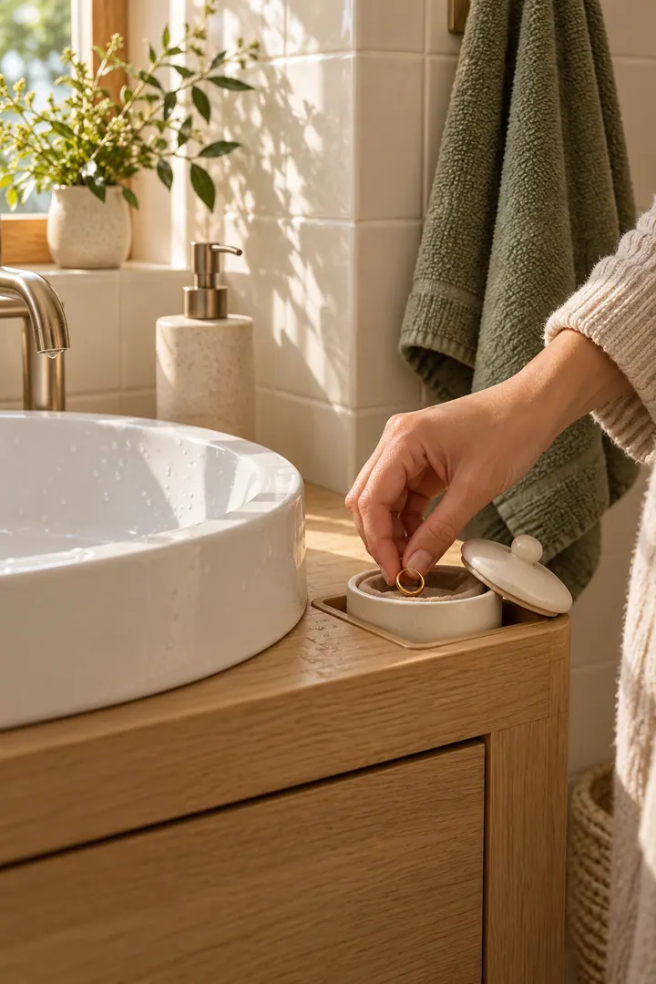 Close-up of a hand placing a ring into a lined ceramic dish at the dry outer corner of a compact vanity.