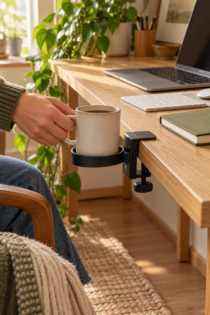 Close-up of a hand placing a ceramic mug into a clamp-on holder attached to the outer edge of a small oak desk.
