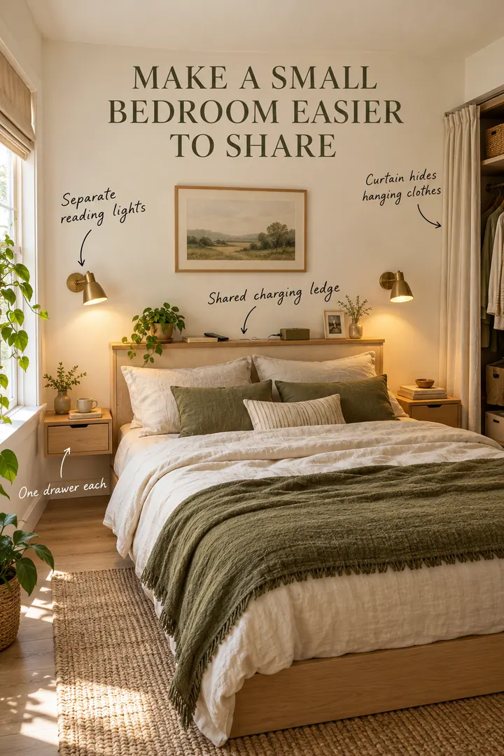 Compact shared bedroom with separate reading lights, a central charging ledge, paired drawers, and a curtain-covered clothes rail.