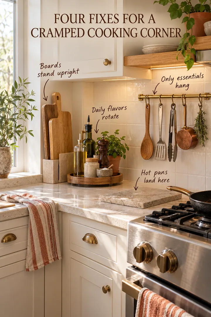 Small stove-side cooking corner with upright cutting boards, a seasoning turntable, a stone pan rest, and a short utensil rail.