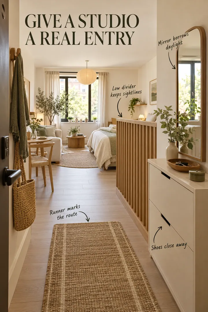 Studio entrance defined by a narrow runner, shallow shoe drawer, tall mirror, and low slatted divider.
