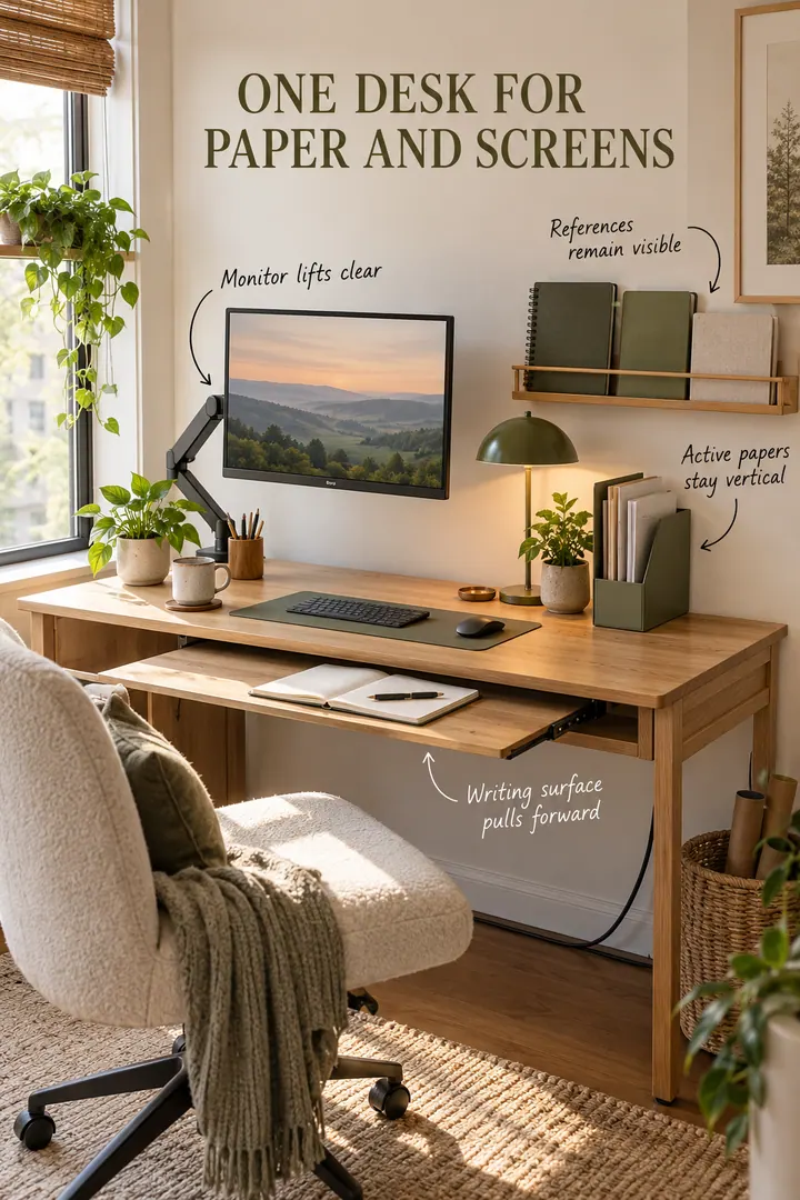 Compact home office desk with a raised monitor, pull-forward writing surface, vertical inbox, and narrow reference rail.