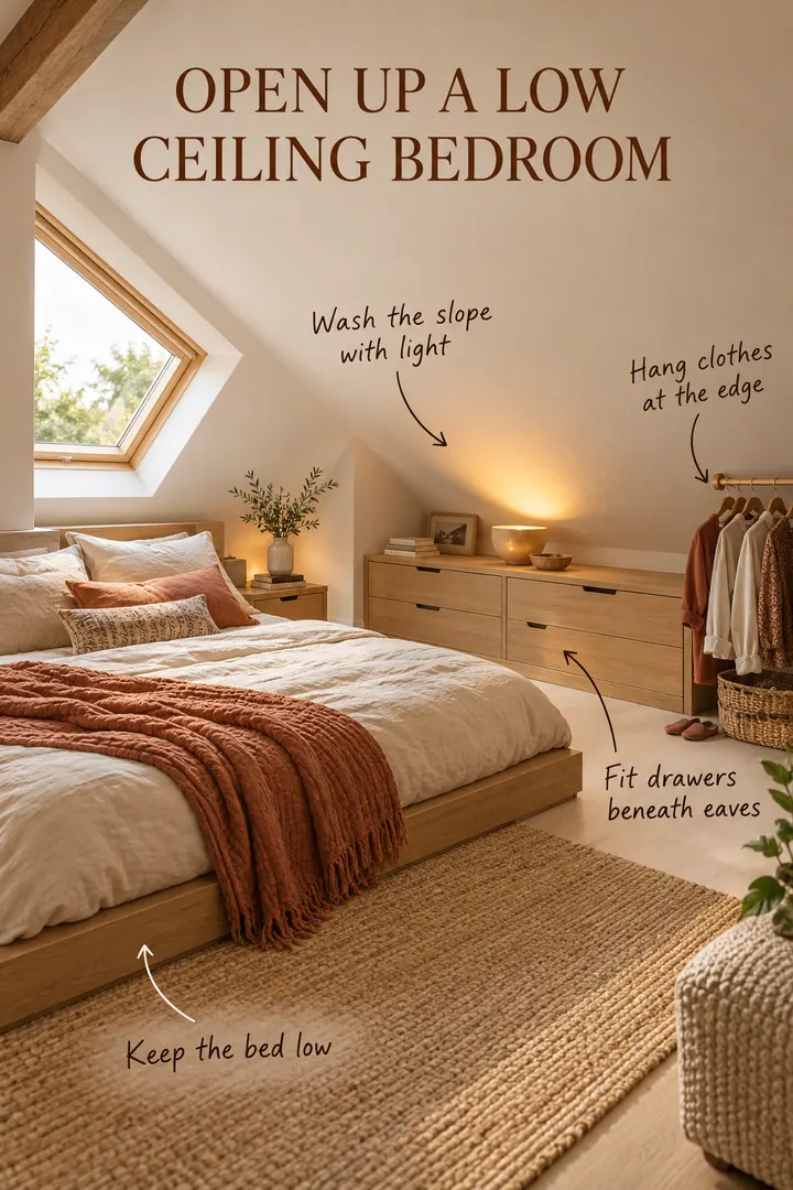 Compact attic bedroom with a low bed, fitted eave drawers, upward lighting, and a short clothes rail.